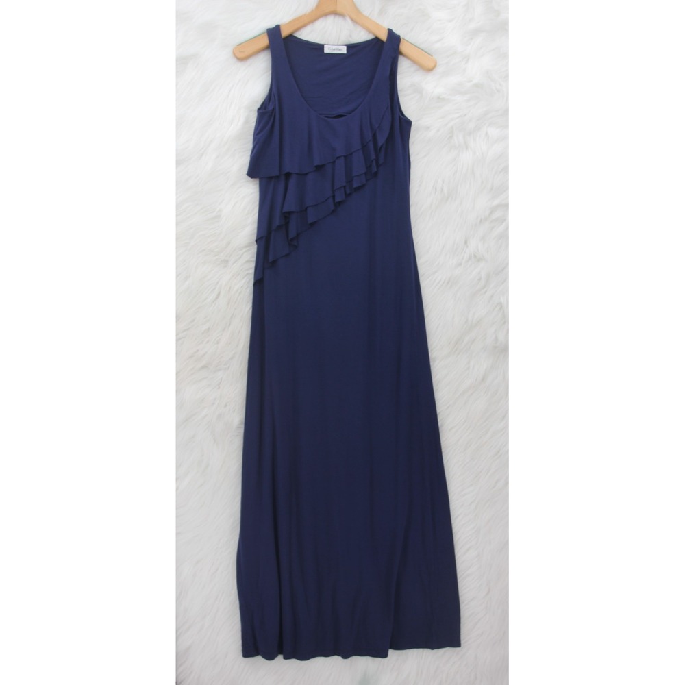 Calvin Klein Women's Sleeveless Stretch Maxi Shift Column Dress Ruffle Preppy S